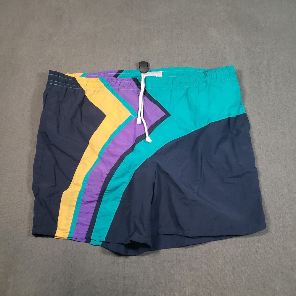 Campus Swim Trunks‎ Mens Large Navy Teal Purple Yellow Colorblock 90s Retro